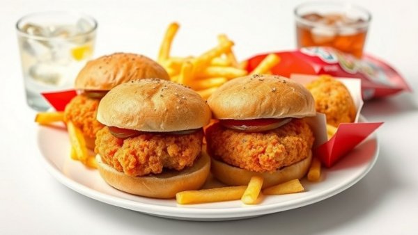 Crispy fish sliders and Krush’d sodas with fries and soda on white background.