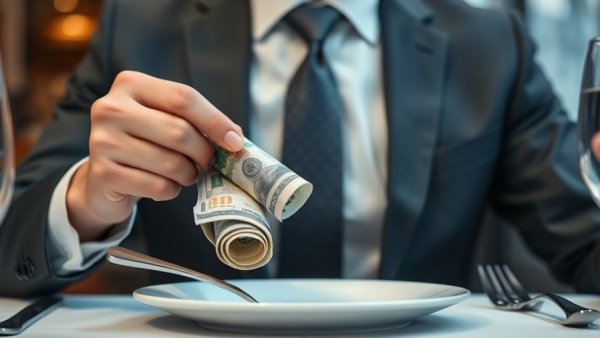 Restaurant industry growth concept with money roll on plate.