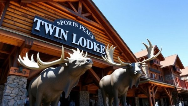 Twin Peaks Omaha Sports Lodge rustic exterior with moose statue.