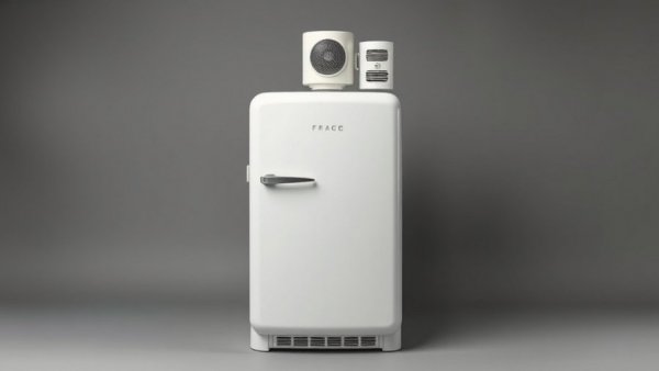 Vintage refrigerator with cylindrical cooling unit showcasing affordable refrigerator history.