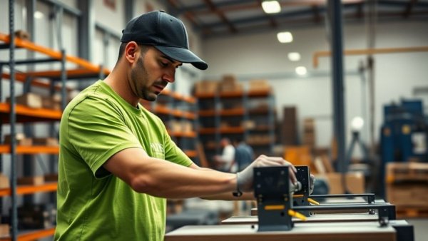 Worker operating equipment in HVAC industry warehouse