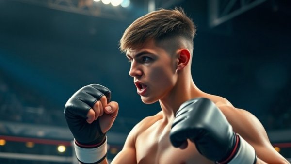 Young MMA fighter training intensively for ONE Fight Night 40, vivid arena setting.