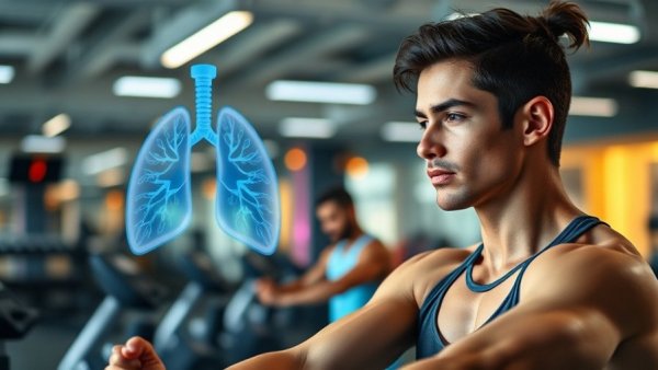 Fitness enthusiast with digital lung display during workout, highlighting breath.