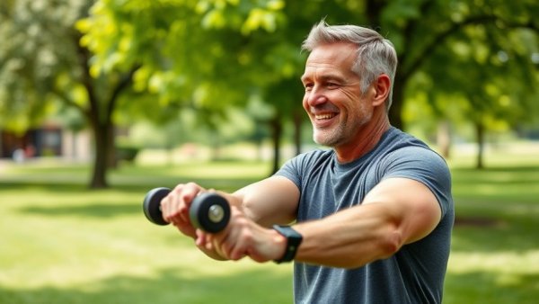 Mature man exercising for sustainable fat loss after 50 in a park.