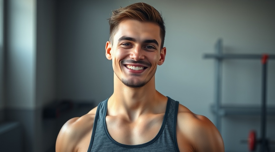 Confident young man showcasing his fitness journey transformation in a minimal gym.