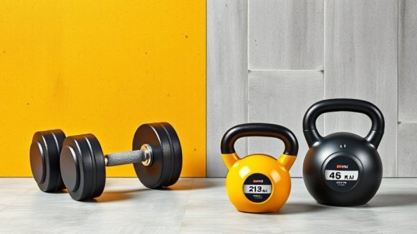 Kettlebell versus Dumbbell comparison on textured background.