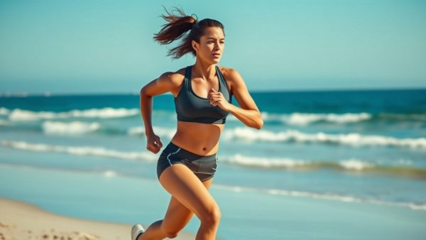 Woman running a mile every day on a beach with ocean waves.