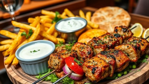 Great Greek Mediterranean Grill Salem enticing Greek platter with skewers and sides.