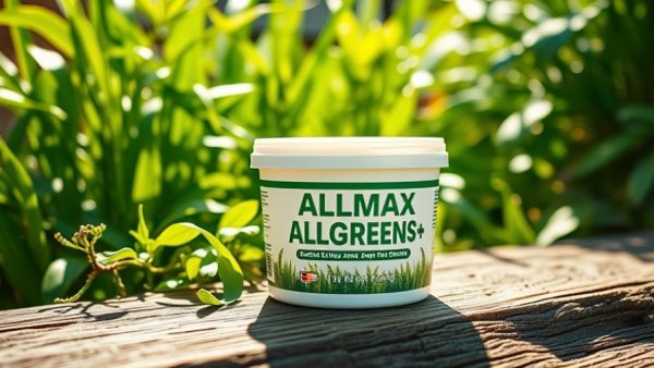 ALLMAX ALLGREENS+ benefits displayed on a wooden surface with greenery.
