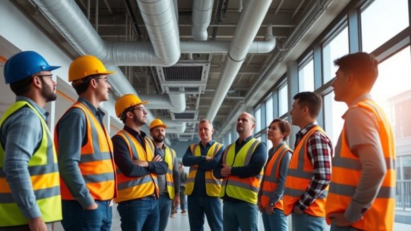 Construction workers inspecting HVAC VRF technology installation.