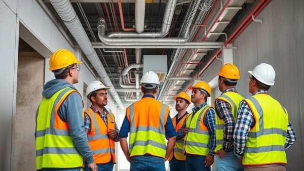Construction workers inspecting VRF HVAC system installation