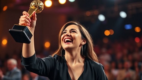 Woman celebrating with Best Running Stores Awards trophy on stage.