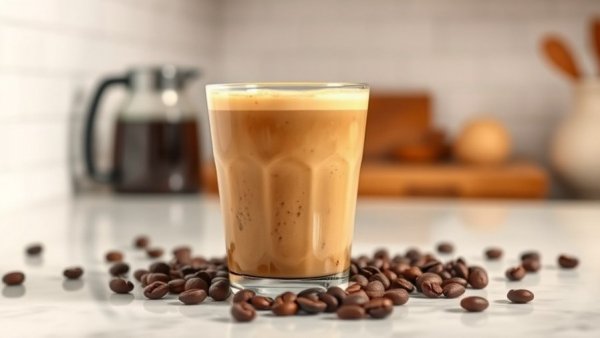 Coffee smoothie collaboration on a white kitchen countertop.