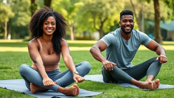 People doing mobility exercises for long-term fitness outdoors.