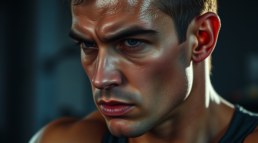 Determined athlete mid-workout showcasing strength training, sweat glistening.