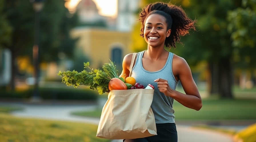 Young woman jogging with a grocery bag, promoting exercise for charity.