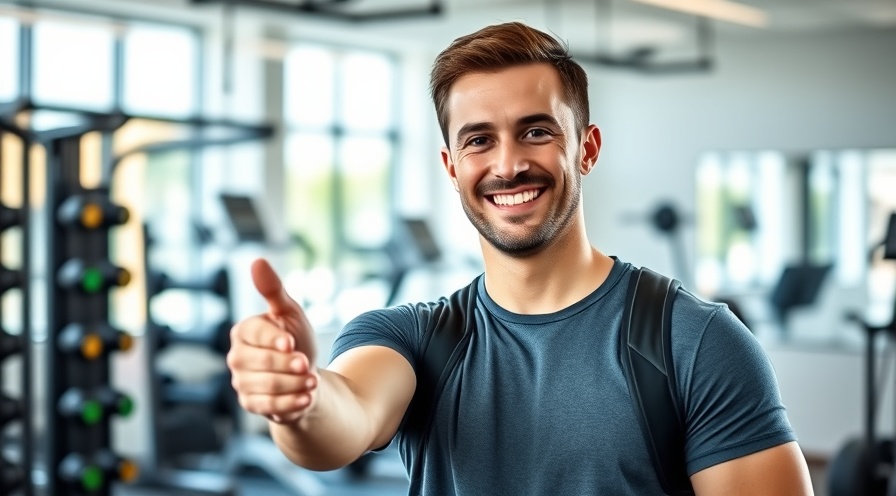 Confident personal trainer offering a handshake in a bright gym, ideal to choose personal trainer.