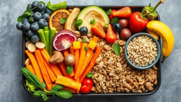 High protein and high fiber foods arranged on a tray.