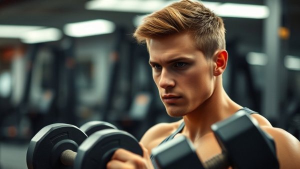 Focused young man lifting dumbbells, exploring high volume vs high intensity for muscle growth.