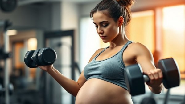 Healthy pregnant woman lifting weights in a gym.