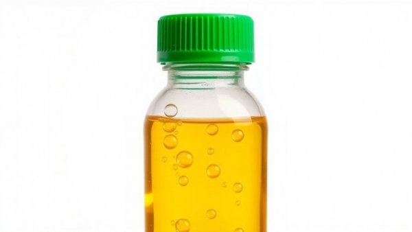 Golden seed oil with bubbles in a bottle with a green cap.