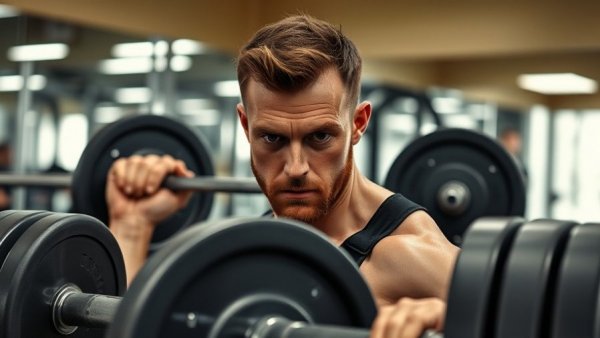 Focused man lifting heavy barbell in gym, body recomposition workout.