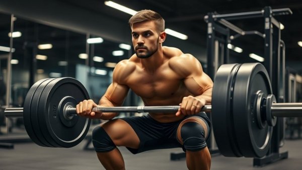 Man practicing eccentric overload training with squats in gym.