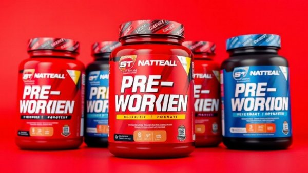 Vibrant pre-workout supplements on dynamic red background.