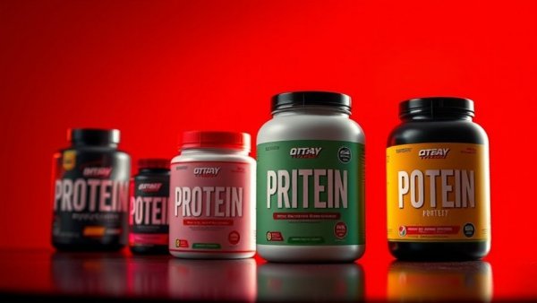 Vibrant protein powder packages against a red gradient for weight loss.