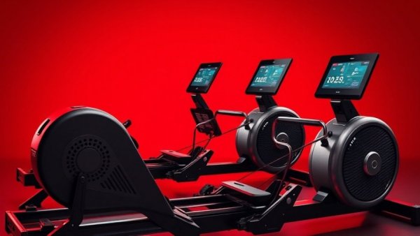 Compact rowing machines with digital screens against a red background.