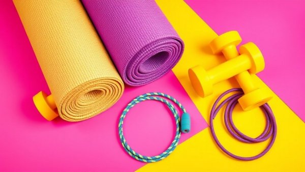 Vibrant home workout equipment with yoga mat and dumbbells.