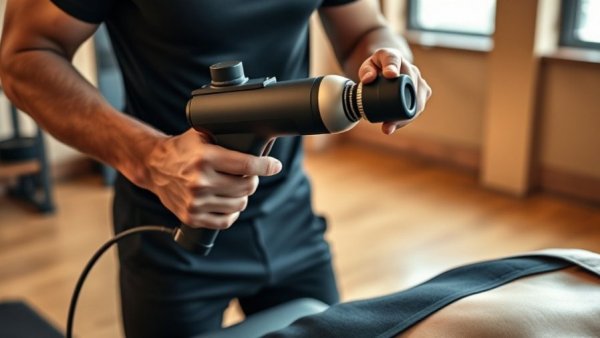 Close-up of a person with a massage gun for recovery, adjusting attachments.
