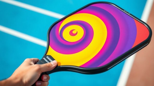Vibrant pickleball paddle with spiral design held on a blue court