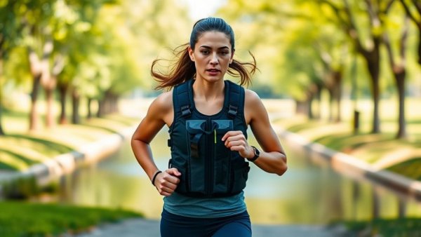 Woman demonstrating the effectiveness of weighted vests by jogging in a park.