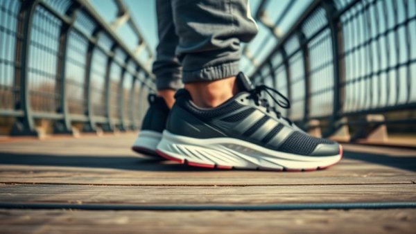 Stylish running shoes on a bridge, sunny outdoor setting.