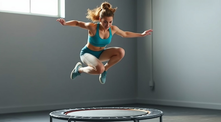 Athletic woman demonstrating rebounding benefits on a mini trampoline.