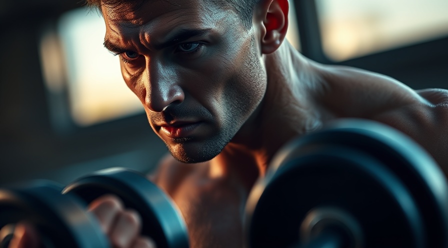 Athletic man mid-rep with dumbbells, showcasing muscle hypertrophy and intense focus.