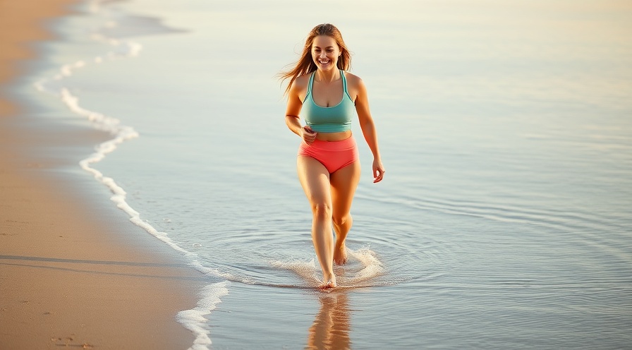 Smiling woman practicing beach walking tips at sunrise, barefoot on wet sand.