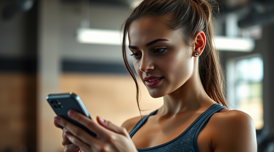 Confident young woman in gym attire reflecting on fitness advice with smartphone.