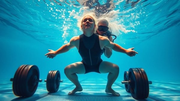 Underwater squat with weights, athlete assisted by diver