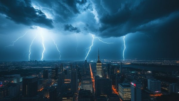 Intense lightning over cityscape illustrating power quality issues in HVAC systems.