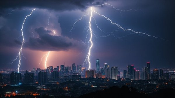 Dramatic lightning over city skyline highlighting power quality monitoring for HVAC systems.
