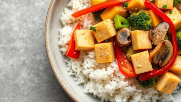 Vegan tofu stir fry with broccoli and red peppers on rice.