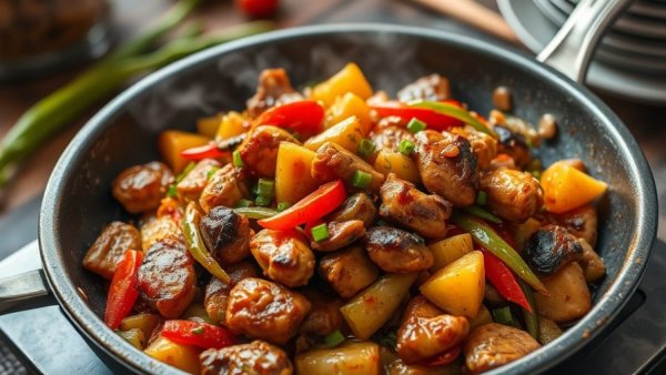 Stir-fried black pepper chicken and vegetables in skillet.