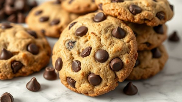 Deliciously soft almond flour chocolate chip cookies on marble.