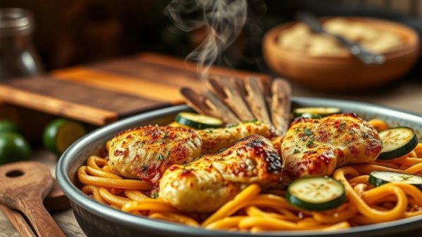 Delicious chicken zucchini bake with melted cheese.