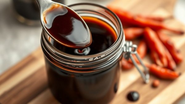 Jar of homemade teriyaki sauce with spoon on a wooden board.