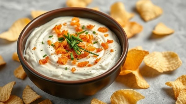 Creamy French onion dip in a black bowl with chips and toppings.