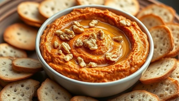 Homemade Muhammara recipe - walnut-garnished dip in a white bowl.