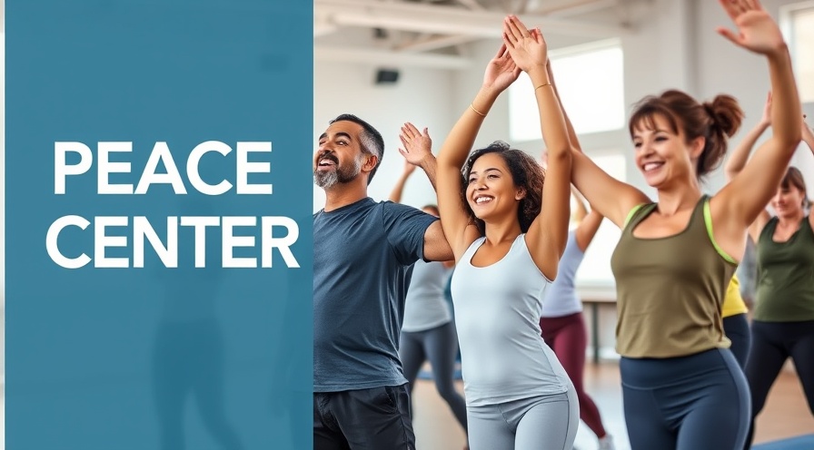 Diverse adults laughing and stretching in a bright, welcoming PEACE CENTER gym.